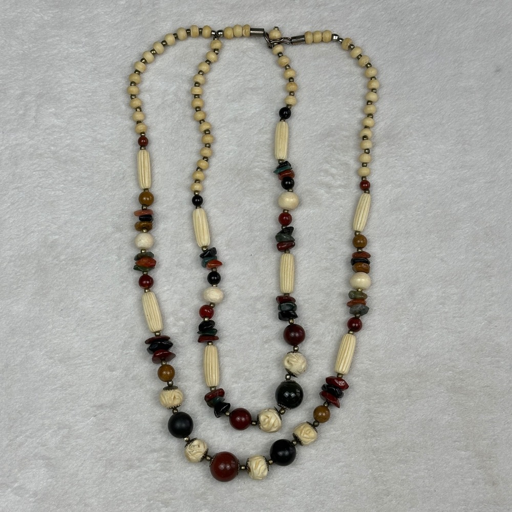 VTG Double Strand Beaded Necklace Carved Bone Stone Chip Boho Statement‎ Cream